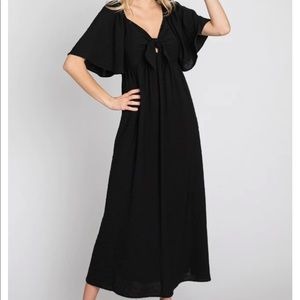 Black textured dot front tie ruffle midi dress